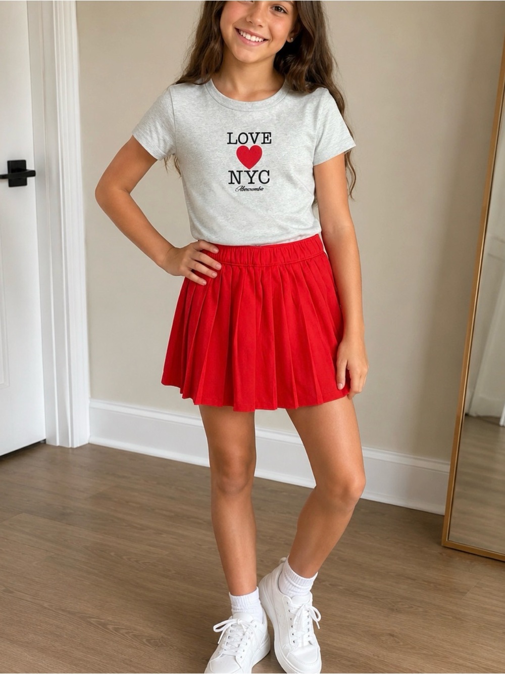 abercrombie kids Grey 'Love NYC' Tee with Red Pleated Skater Skirt